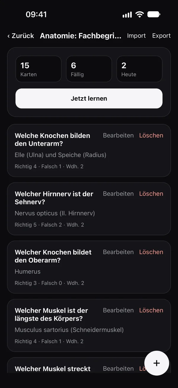 Deck „Anatomie: Fachbegriffe“ mit Kartenliste