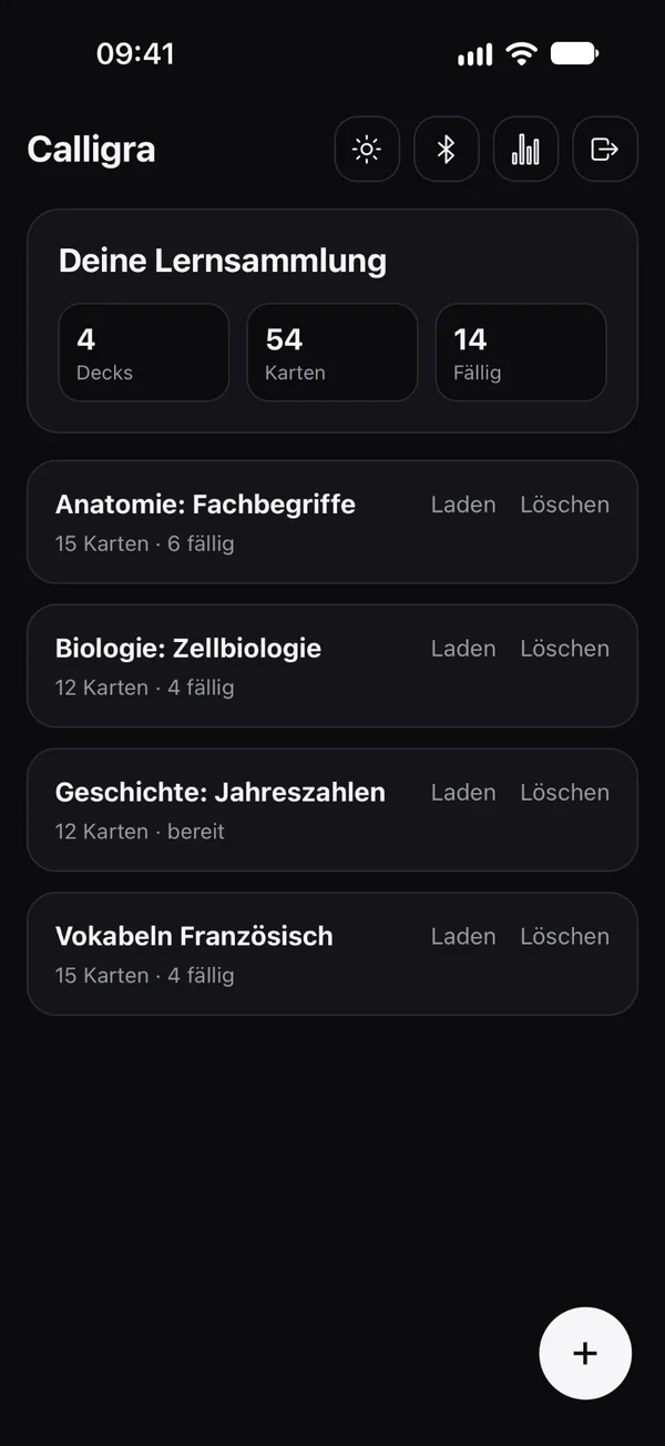Deckliste „Deine Lernsammlung“ in der Calligra-App