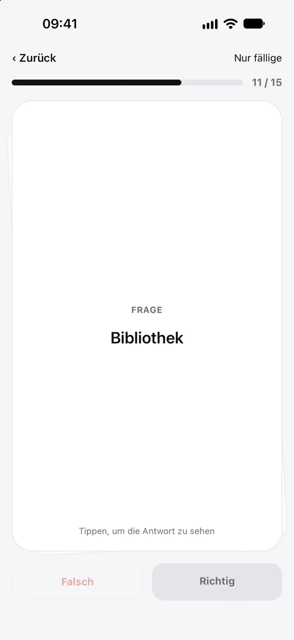Lernmodus: Vorderseite der Karte „Bibliothek“