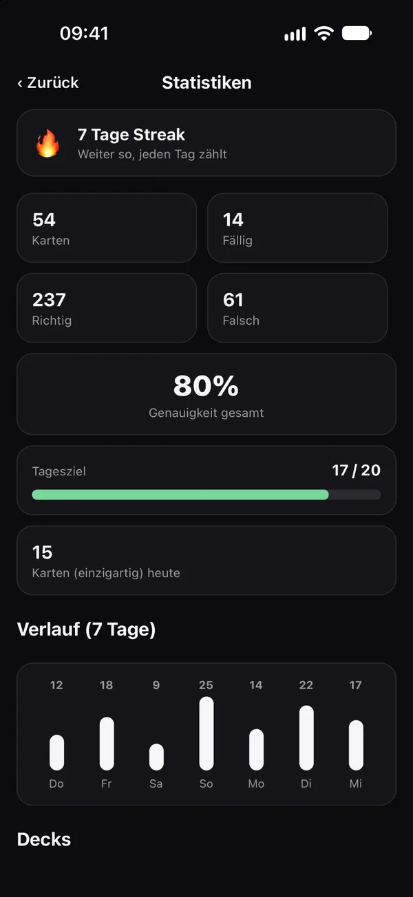 Statistik mit Streak, Tagesziel, Genauigkeit und 7-Tage-Verlauf