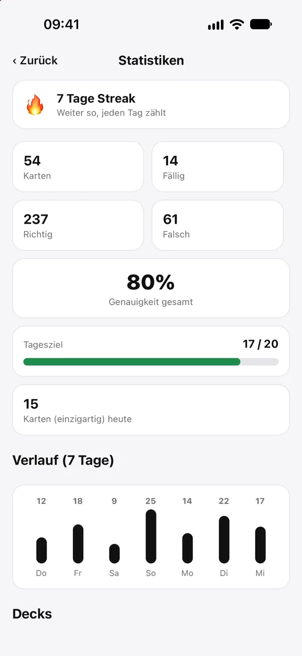Statistik mit Streak, Tagesziel, Genauigkeit und 7-Tage-Verlauf